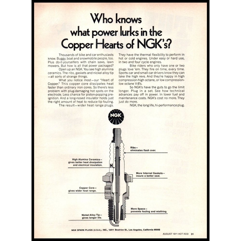1971 NGK Spark Plugs Vintage Print Ad Copper Hearts Man Cave Wall Art Photo